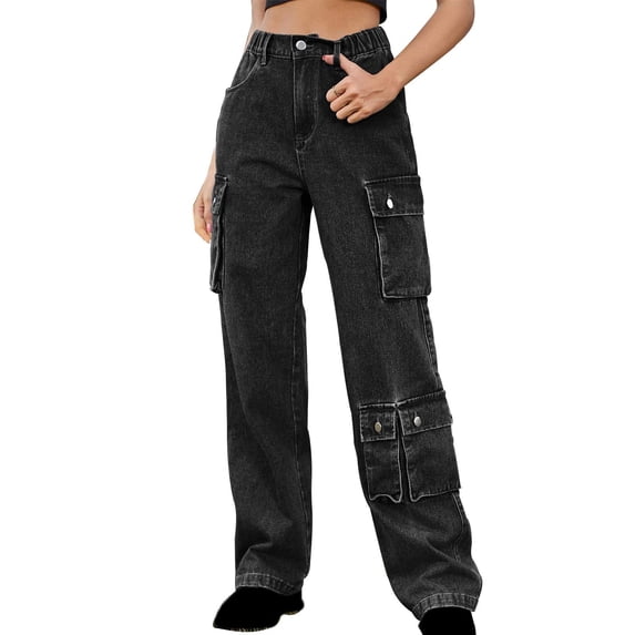 Cargo Jeans Womens Vintage Boyfriend Denim Pants Wide Leg Streetwear Relaxed Fit Pockets Trousers Y2K High Rise Pant