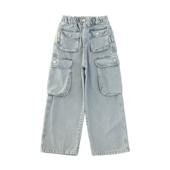Cargo Jeans for Boys Girls Wide Leg Pants Elastic Waist Baggy Trousers with Multi Pocket Kids Straight Leg Denim Pant 4-16Y