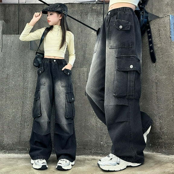 Cargo Jeans for Girls Wide Leg Jeans Elastic Waist Denim Pants with Pockets Outfits for Girls 4-5 Years