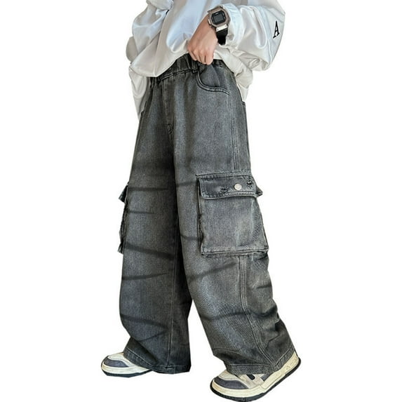 Cargo Jeans for Girls Wide Leg Pants Straight Leg Denim Cargo Pants with Pocket Girls Clothes Size 9-10 Years