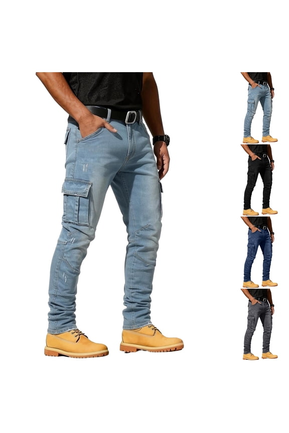 Cargo Jeans for Men Slim Fit Stretch Straight Leg Jean Skinny Stylish Distressed Denim Jeans with Multi Pockets,M