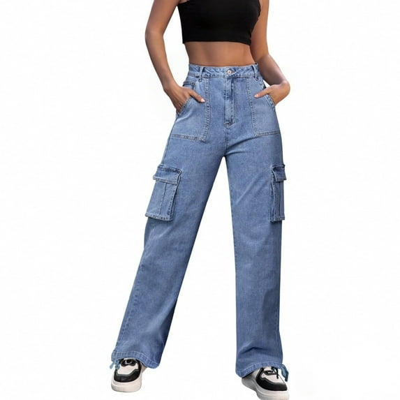 Cargo Jeans for Women, Audhol Women High Waisted Cargo Pants Wide Leg Casual Pants 6 Pockets Trousers Casual Jeans for Women Blue L