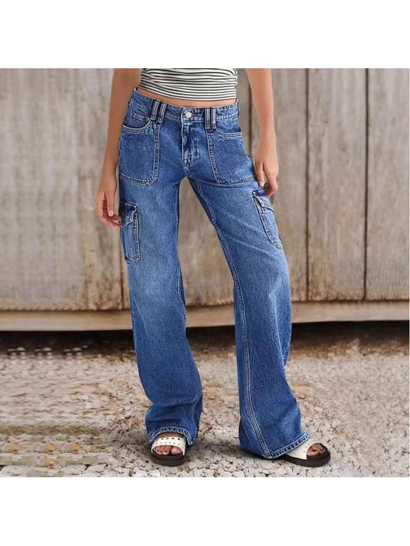 Cargo Jeans for Women High Waisted Straight Wide Leg Jeans (Blue XXL)