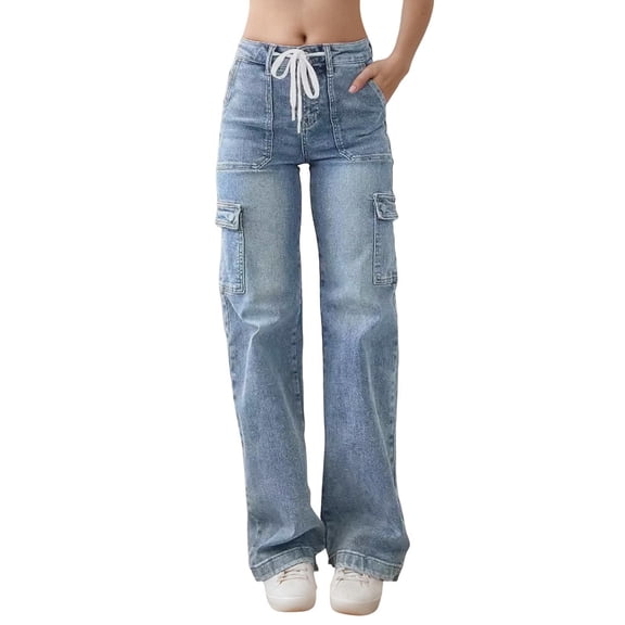Cargo Jeans for Women Straight Leg High Waisted Drawstring Solid Color Straight Leg Stretch Denim Pants with Pockets Lightweight Casual Trousers
