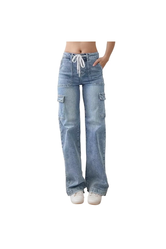 Cargo Jeans for Women Straight Leg High Waisted Drawstring Solid Color Straight Leg Stretch Denim Pants with Pockets Lightweight Casual Trousers