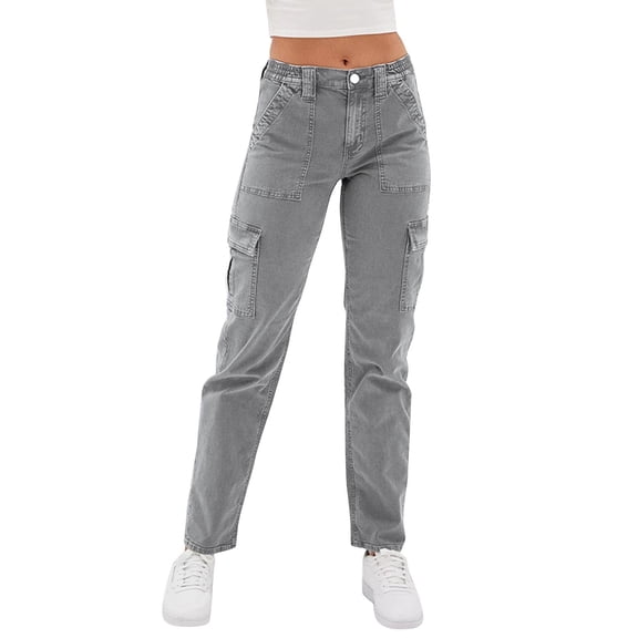 Cargo Jeans for Women Straight Leg High Waisted Stretchy Loose Fit Denim Pants with Pockets Lightweight Comfy Y2k Style Casual Trousers