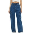 thumbnail image 1 of Cargo Jeans for Women Trendy High Waisted Wide Leg Denim Pants Casual Baggy Cargo Pants with 6 Pockets Blue,XS, 1 of 6