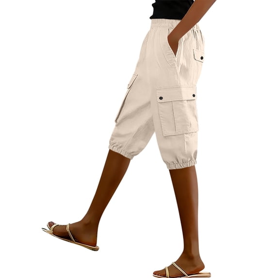 Cargo Jogger Capris Pant for Women Below Knee Elastic High Waisted Slim Fit Long Shorts Outdoor Hiking Outfit