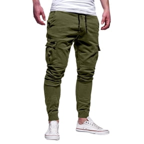 Cargo Joggers Men Elastic Waist Drawstring Multi-Pocket Casual Workout Plus Size Track Pants Army Green L
