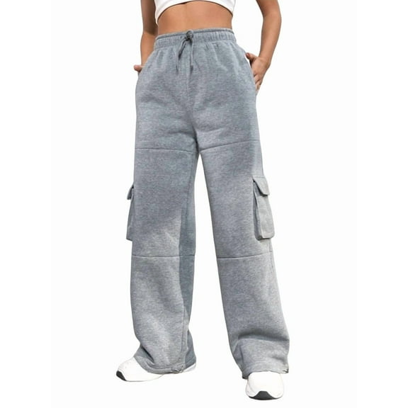 Cargo Joggers for Women Baggy Fleece Wide Leg Sweatpants Elastic High Waisted Fall Casual Hiking Pants Light Gray XL