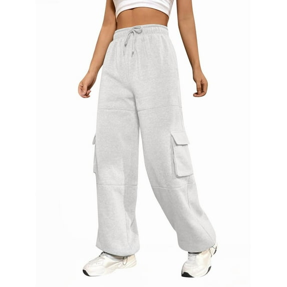 Cargo Joggers for Women Baggy Fleece Wide Leg Sweatpants Elastic High Waisted Fall Casual Hiking Pants White L
