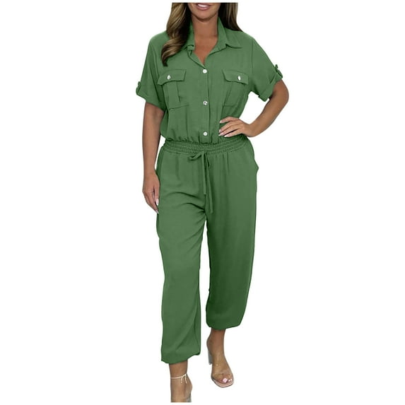 Cargo Jumpsuit for Women Casual Button Down Lapel Neck Short Sleeve Drawstring Waist Romper with Pockets