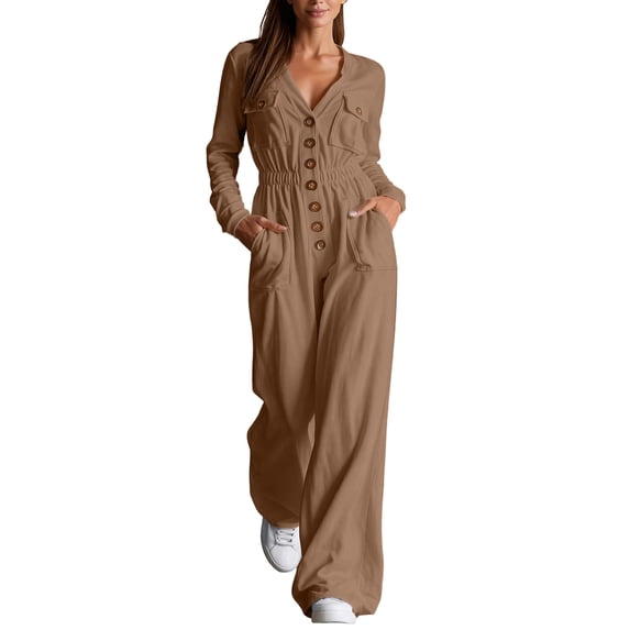 Cargo Jumpsuit for Women Long Sleeved Workwear Jumpsuit Buttoned Collar V Neck Long Sleeve One Piece Rompers Jumpsuit with Multiple Pockets