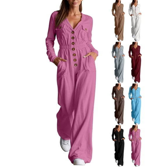 Cargo Jumpsuit for Women V-neck Long Sleeved Pants With Multiple Pockets Jumpsuit for Fall Winter