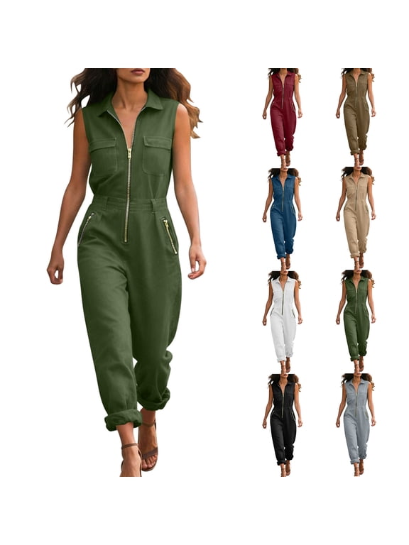 Cargo Jumpsuits for Women Lapel Full Zip Jogger Jumpsuit with Multi Zip Pocket Outdoor Street Casual Playsuit Green M