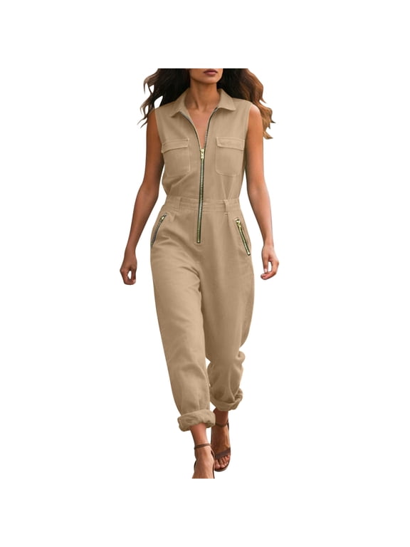 Cargo Jumpsuits for Women Lapel Full Zip Jogger Jumpsuit with Multi Zip Pocket Outdoor Street Casual Playsuit Khaki S