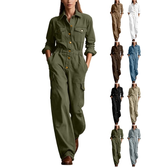 Cargo Jumpsuits for Women Long Sleeved Workwear Jumpsuit Buttoned Collar Pants With Multiple Pockets for Outfit Travel