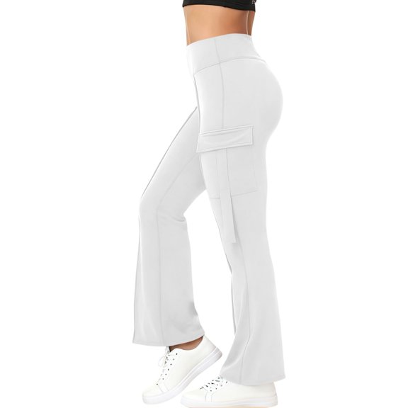 Cargo Leggings with Pockets for Women, Audhol Womens Flare Leggings with Pockets Butt Lifting Workout Pocket High Waisted Yoga Running Hiking Pants Jeggings for Women White, M