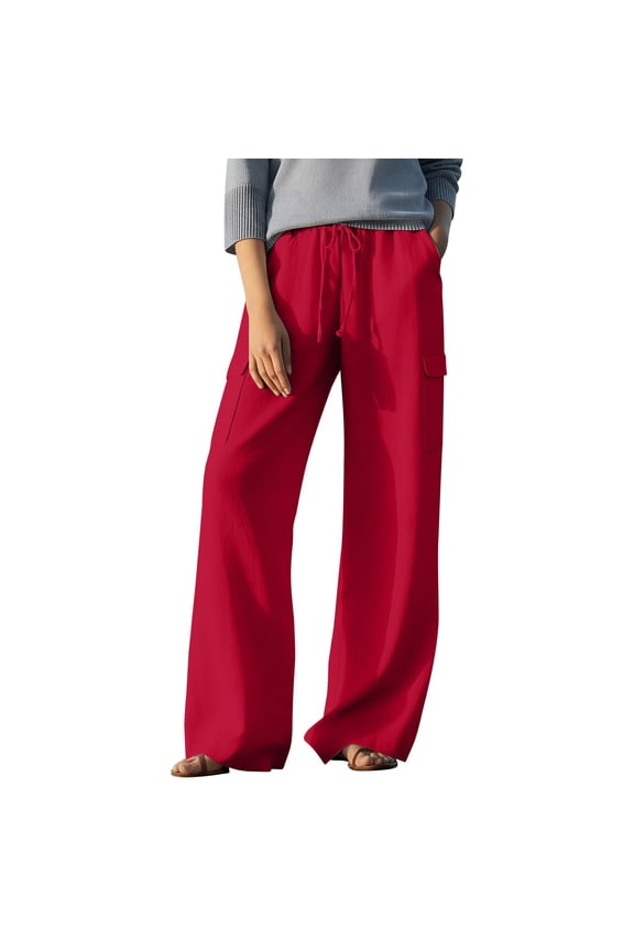 Cargo Linen Pants for Women Drawstring Elastic Waist Wide Leg Trousers Casual Beach Vacation Pants with Pockets White M