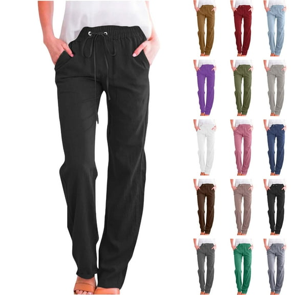 Cargo Linen Pants for Women Solid Elastic Loose Straight with Pocket Pants Straight Wide Leg Trousers Pants Lightweight Drawstring Pants