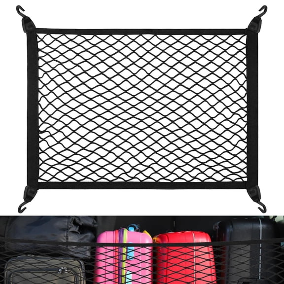 Cargo Net 80x60cm - Elastic Nylon Baggage Fixed Net for Car Boot, Trunk, Vehicle, Van, SUV - 4 Hooks Storage Organizer (Black)