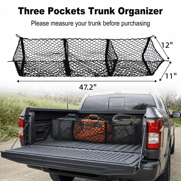 Cargo Net for Pickup Truck Bed, 3 Pocket Trunk Organizer, 47.2" to 62" Stretchable Mesh Storage Net, Compatible with Select Ford, GMC, Chevy, Toyota, Nissan, Honda Pickup Trucks, 1 Pack