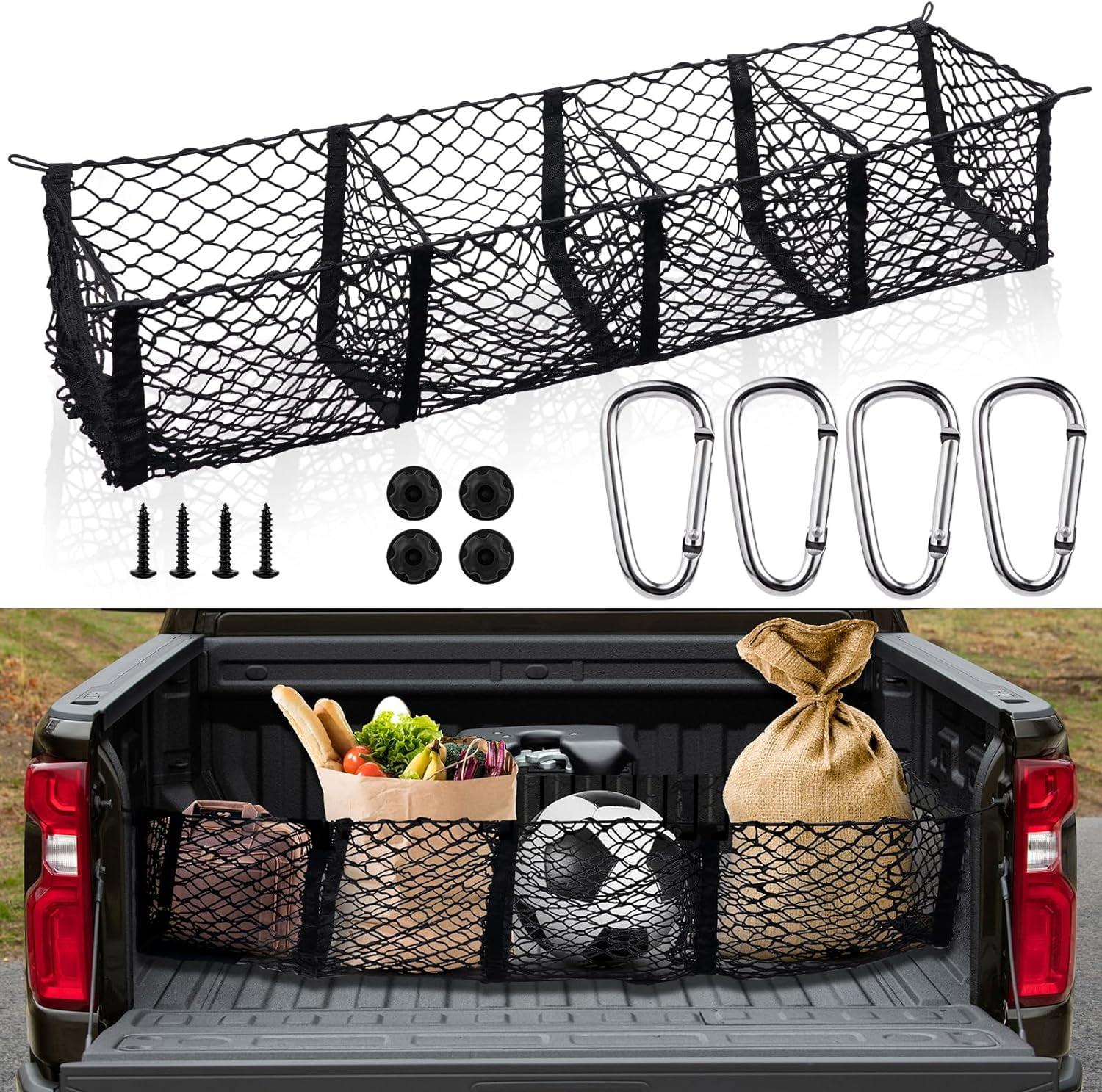 Cargo Net for Pickup Truck Bed 59 11.8 inch Adjustable Elastic Mesh Cargo Net Car Rear Storage Organizer with 4 Carabiners Accessories Heavy Duty