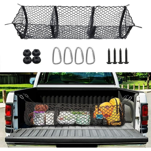 Cargo Net Trunk Bed Organizer,Mesh Storage Net with 4 Metal Hooks, 47.2 x11.8 inch Heavy Duty Cargo Net for SUV,Car,Toyota,Pickup Truck Bed,Truck Accessories Bed Grocery Holder