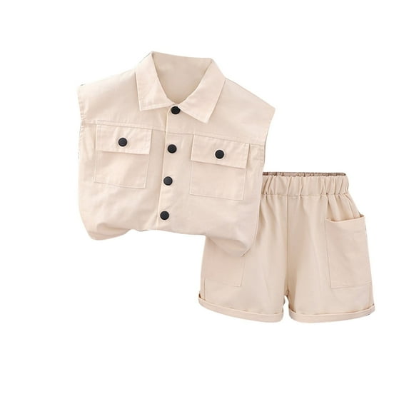 Cargo Outfits for Boys 0-3 Years 2 Piece Sets Toddlers Kids Solid Color Sleeveless Button-Down Shirts and Shorts Suits Set with Pockets
