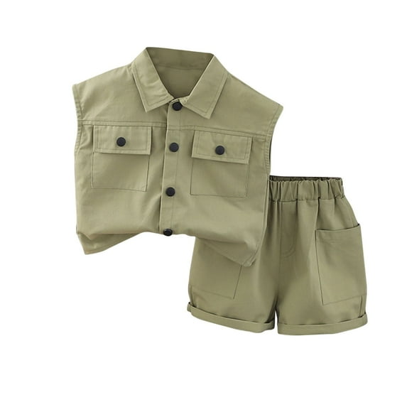 Cargo Outfits for Boys 0-3 Years 2 Piece Sets Toddlers Kids Solid Color Sleeveless Button-Down Shirts and Shorts Suits Set with Pockets
