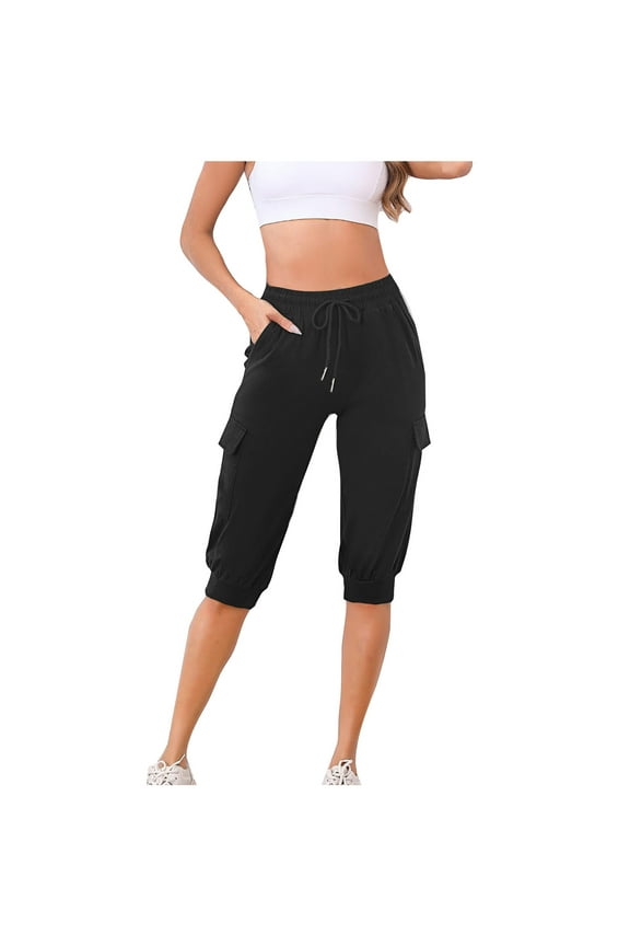 Cargo Pant for Women Plus Size Half Capris Drawstring High Waist Casual Summer Knee-Length Pants