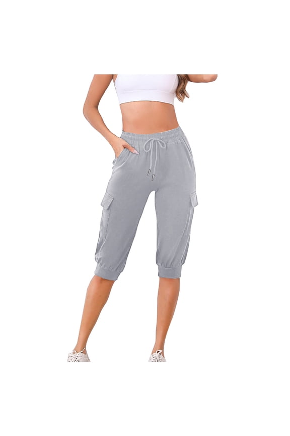 Cargo Pant for Women Plus Size Half Capris Drawstring High Waist Casual Summer Knee-Length Pants