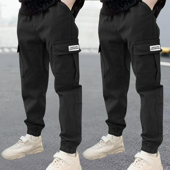 Cargo Pants for Boys with Pockets 2 Pack Cotton Jogging Trousers 3-14 Years Teens Kids Multipack Casual Solid Elastic Waist Tapered Leg Pant