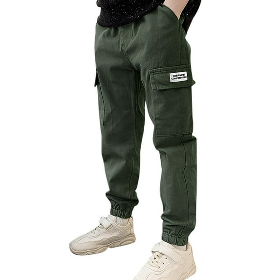 Cargo Pants For Boys Girls Casual High Waisted Loose Fit Activewear Sweatpants with Pockets Solid Color Kid Fashion Winter Streetwear,Z5-Green,14-15 Years