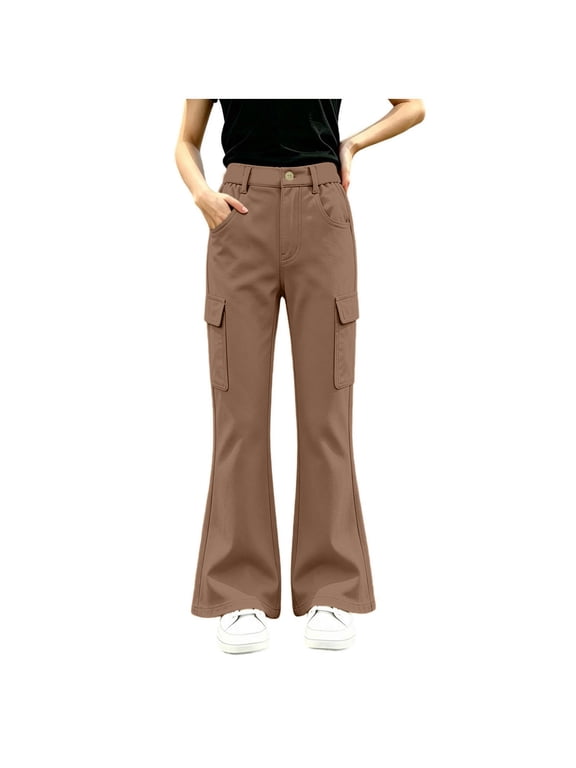 Cargo Pants For Girls Button Down Zipper Wide Leg Flared Trouers With Multi Pockets Fashion Causal School Uniform Pant (14-15 Years, Khaki)