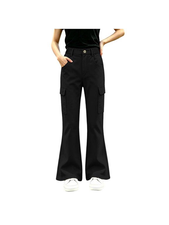 Cargo Pants For Girls Button Down Zipper Wide Leg Flared Trouers With Multi Pockets Fashion Causal School Uniform Pant (5-6 Years, Black)
