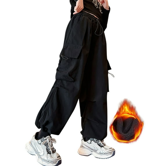 Cargo Pants For Girls Casual High Waisted Loose Fit Sweatpants with Pockets Solid Color Kid Fashion Cargo Winter Warm Streetwear,Z3-Black,7-8 Years