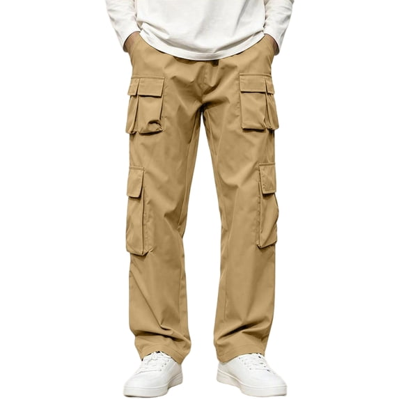 Cargo Pants For Men Casual Wide Leg Relaxed Fit Tactical Work Pants Mens Fall Fashion Elastic Waist Drawstring Long Trousers With Mult Pockets