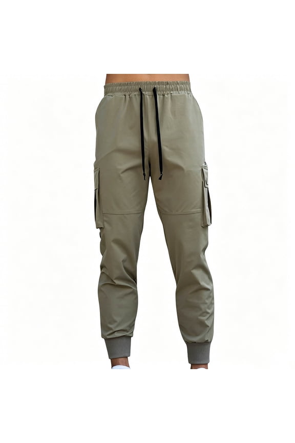 Cargo Pants For Men Drawstring Elastic Cuff Multi-Pocket Workout Pants Casual Outdoors Khaki L