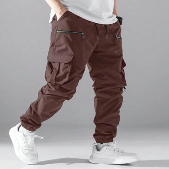 Cargo Pants For Men Elastic Bottom Multi-Pocket Sweatpants Zipper Pockets Casual Workout Coffee L