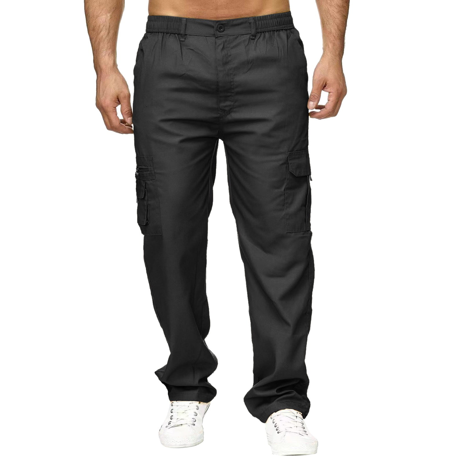 Hemlock Black Cargo Pants for Men Men's Mid-waist Zip Cargo Pants Relaxed Fit Solid Cargo Trousers with Multi-Pocket, Size: 36