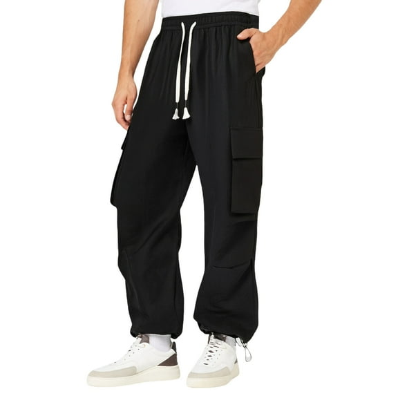 Cargo Pants For Men Solid Color Outdoor Overall Spring Summer Loose Casual Wide Leg Long Trousers Activewear,Black,L