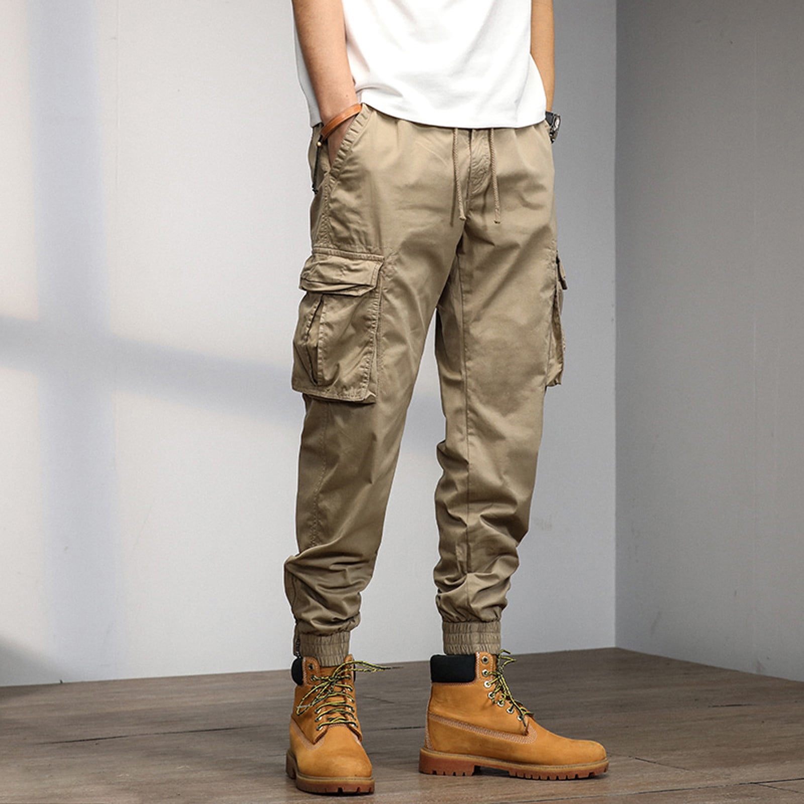 Cargo Pants For Mens Fashion Loose Cotton Plus Size Pocket Lace Up Elastic  Waist Trousers Overall 