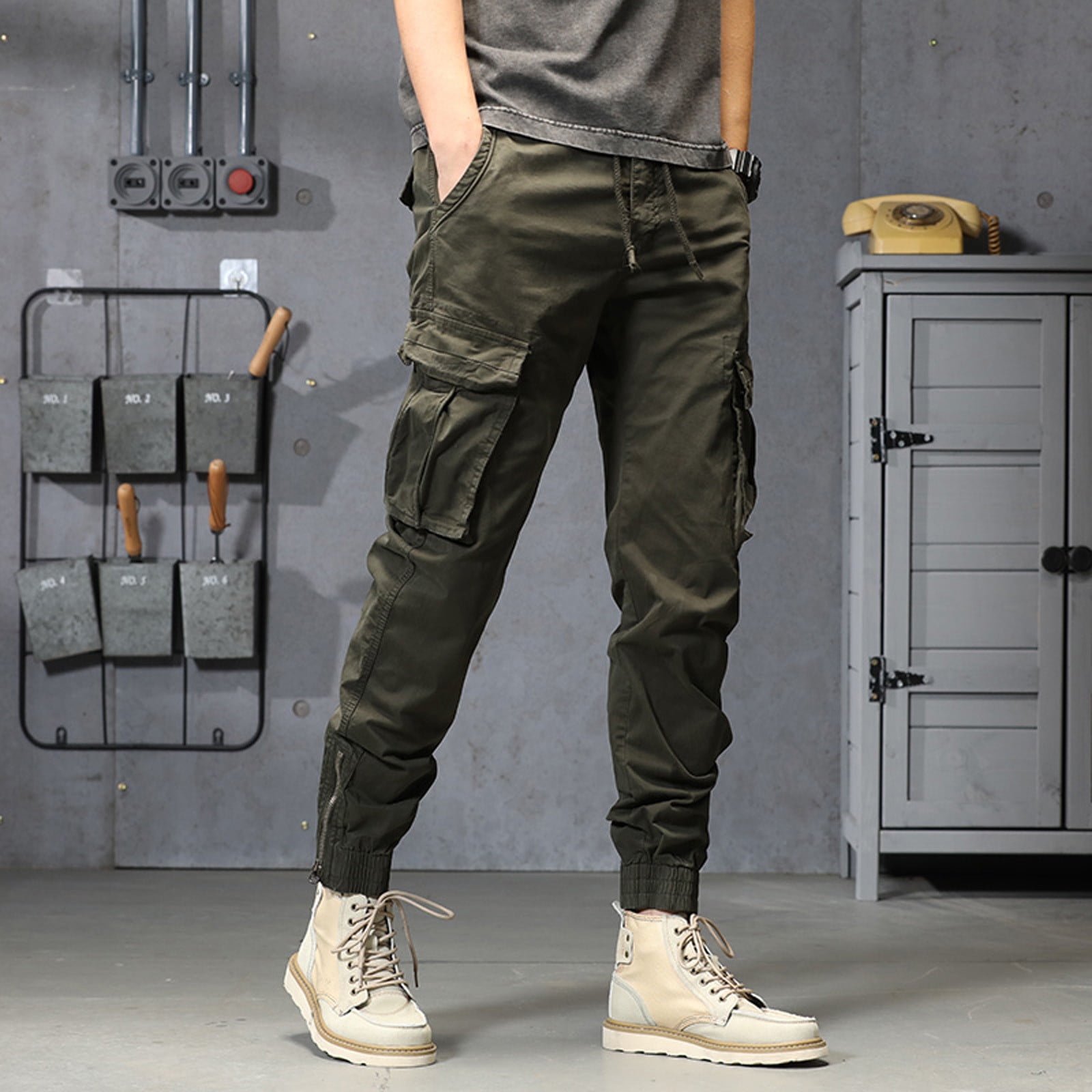 Cargo Pants For Mens Loose Cotton Plus Size Pocket Lace Up Elastic