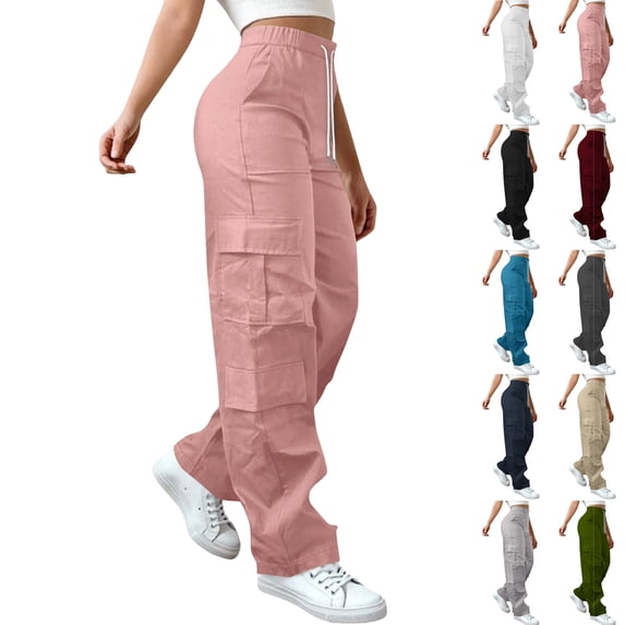 Cargo Pants For Women Baggy Casual High Waisted Wide Leg Elastic Waist Long Pants With Side Pockets