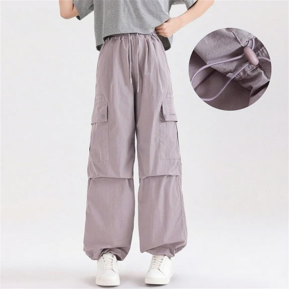 Cargo Pants for Girls High Waisted Baggy Joggers Wide Leg Pants Lightweight Hiking Trousers Y2K Fashion Drawstring Kids Teen Girl Clothes with Pockets 5-15 Years