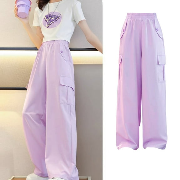 Kids Cargo Pants Lightweight High Waisted Girls Wide Leg Pants with Pockets Solid Color Baggy Pants Girls for Teen Girls 12-13 Years