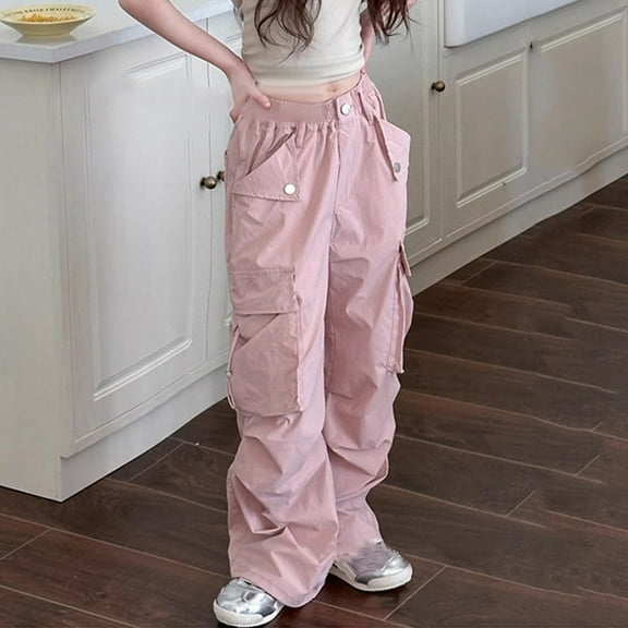 Cargo Pants Kids Casual Baggy Pants Stretch Elastic Waist Pink Cargo Pants with Pocket Outfits for Girls 4-5 Years