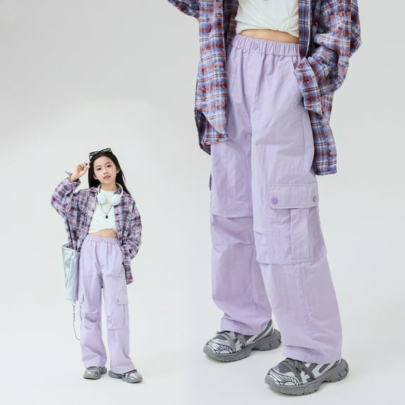Cargo Pants Kids Classic Baggy Pants High Elastic Waisted Purple Cargo with Pocket Girl Pants Size 4-5 Years