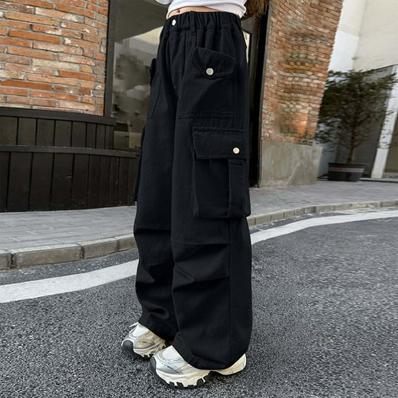 Cargo Pants Kids Classic Baggy Pants Kids Straight Leg Black Cargo Pants with Pocket Kids Clothes Girls Size 13-14 Years